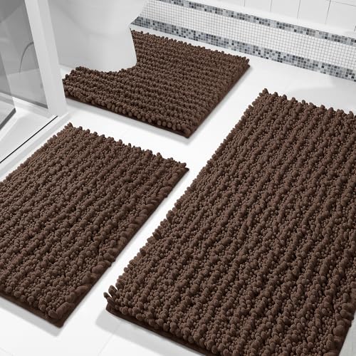 Yimobra Brown Bathroom Rug Set 3 Piece - Super Absorbent Quick Dry Chenille Bath Mats & Toilet Rug, Non Slip Machine Washable, Extra Thick Shaggy Floor Mat for Shower Tub Sink - color: Brown, size: 24"x20" + 30"x20"+ 44"x24"