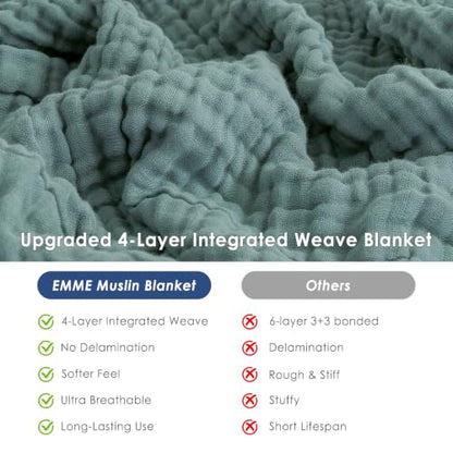 EMME Cotton Muslin King Blanket 4 Layer Ultra Soft Breathable Bed Layering Bedspread Coverlet Breathable Gauze Lightweight (Teal, 108"x90") - color: 01 - Teal, size: King (108" x 90")