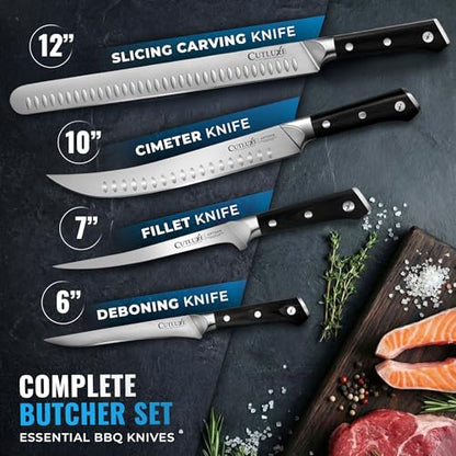 Cutluxe Butcher Knife Set, Brisket, Breaking, Boning & Fillet for Meat | BBQ Carving Blades, Ultra Sharp German Steel, Full Tang Ergonomic Handles – Grilling Gift for Men - size: 4 Pcs Brisket Knife Set