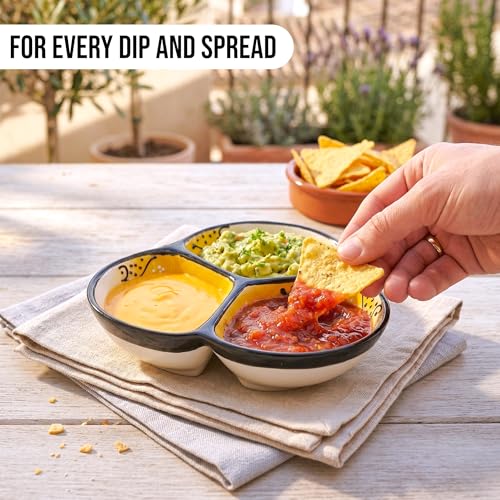 3-Compartment Ceramic Serving Dish, Handmade in Spain | 7.5” divided chip and dip bowl with lead-free glaze, microwave, oven and dishwasher safe, ideal for tapas, snacks and sauces - color: Onyx Yellow