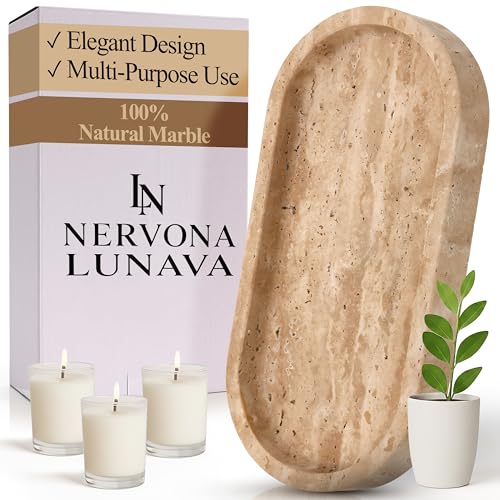 LUNAVA Travertine Tray for Bathroom Counter – Marble Tray for Kitchen Counter, Hand-Polished Natural Stone Caddy for Vanity, Sink, or Dresser, 9.8"x4.7"in, Beige - color: Beige Travertine