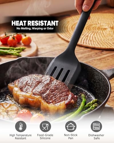 Silicone Kitchen Utensils Set, Heat Resistant Cooking Utensil with Spoon, Scraper, Spatula, Basting Brush & Tongs, BPA-free Non-stick Cookware for Frying, Basting, Serving, Grilling (6 Pack) (BLACK) - color: Black
