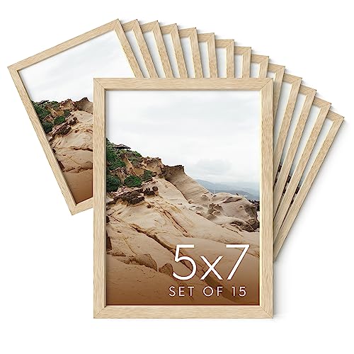 Haus and Hues 5x7 Natural Oak Wood Photo Frame Set of 15 - Mini Picture Frames Bulk Gallery Set - Premium Bulk Picture Frames 5x7 for Stylish Photo Gallery Wall Frame Set - Ideal for Home & Office - color: Beige Oak, size: 5x7 in, style: Set of 15
