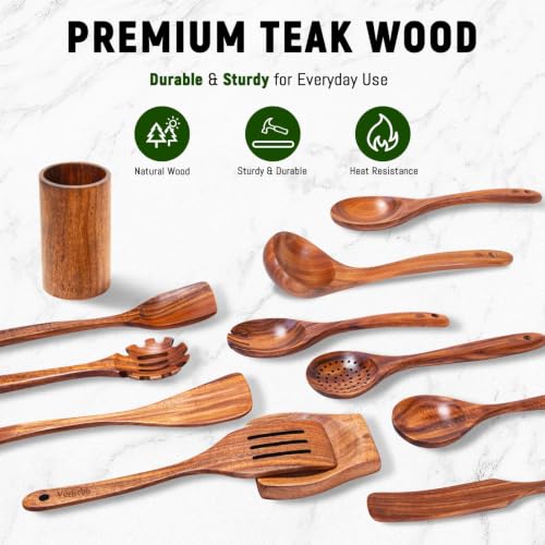 12 Pcs Teak Wooden Utensils Set, Wooden Spoons for Cooking | Non-Toxic & Nonstick Safe Kitchen Utensil, Durable Comfort Grip, Heat Resistant Wood Cookware with Holder and Spoon Rest - size: 12 Pieces Set