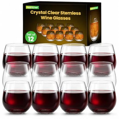 NutriChef 15 Ounce Stemless Wine Glasses (Set of 12), Ultra Thin Wine Glass For Red or White Wine Lead-Free, Dishwasher Safe & Hand Blown Seamless Bowl - Clear - style: Clear