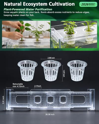 2026 Telescoping Aquarium Plant Holder with 3 Cups, Clear Acrylic | Rim-Mount Rack, For 5.5 gal 10 gal 40 gal 75 gal, For Live Plants, Aquaponic Fish Tank, For Pothos, Betta & Aquascape Decor