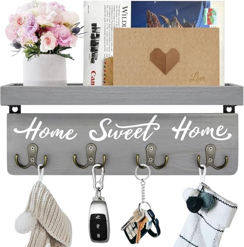 buways Key Holder Wall Mount with 8 Hooks and Cozy Home Sign (Gray) | Solid Wood, Floating Shelf for Keys, Mail, and Daily Essentials in Entryways, Hallways or Home Decor - color: Gray