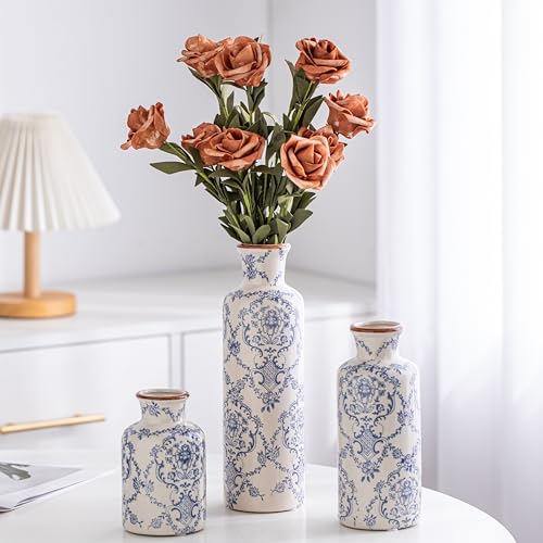 Blue and White Ceramic Vase 3 Piece Set,Vintage Blue Ceramic Flower Vesse,Farmhouse Decor, Home Decorative Vase, Vases for Your Kitchen, Bedroom, Office, Living Room (VASE SET-01) - color: Vase Set-01