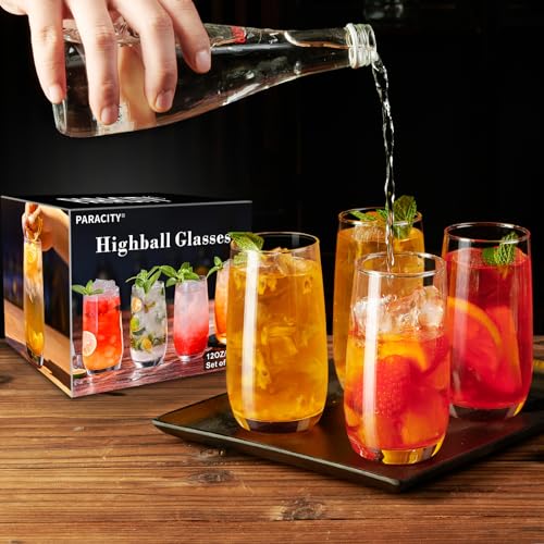 PARACITY Highball Glasses Set of 4, Drinking Glasses 12 Oz, Clear Glass Cups, Tall Tumbler Water Glasses, Glassware Set for Cocktail, Coffee, Mojitos | Clear cups for water, cocktails, coffee, and mojitos; versatile glassware for home dining, parties, ent