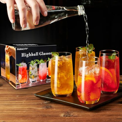 PARACITY Highball Glasses Set of 4, Drinking Glasses 12 Oz, Clear Glass Cups, Tall Tumbler Water Glasses, Glassware Set for Cocktail, Coffee, Mojitos | Clear cups for water, cocktails, coffee, and mojitos; versatile glassware for home dining, parties, ent