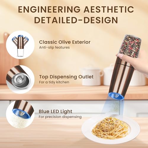 Battery Gravity Salt Pepper Grinder Set, 2 Pack (Copper) | Gravity Automatic Grinder With LED Light & Adjustable Roughness, Each Requires 6 AAA Batteries For Kitchen Daily Seasoning - color: Battery/Set/Copper