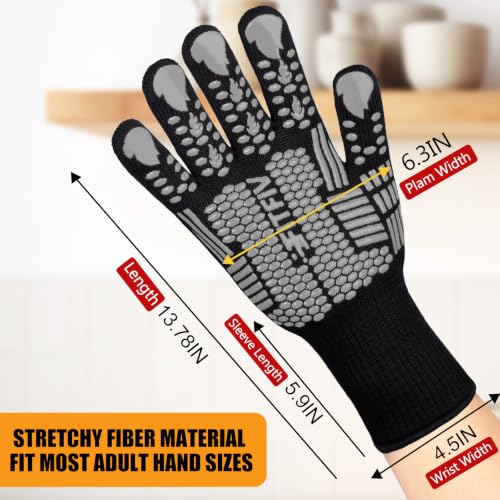 BBQ Gloves, 1472°F Heat Resistant with Silicone Grip Oven Mitts | Non-Slip Grip, for BBQ, Grilling, Oven, Smoker, Cooking and Baking - color: Gray, size: Long (Glove L 13.78" × Palm W 6.33")