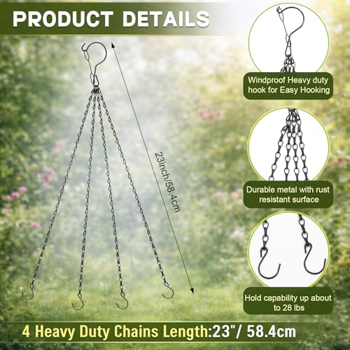 3 Pack 23 Inch Hanging Baskets Chains with Windproof Hooks, Hanging Plant Chains 4 Point Metal Flower Pot Replacement Chain Hangers for Planters Lanterns Bird Feeders, Baskets Not Included