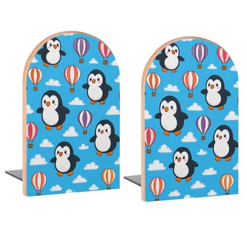 Penguins Balloons Book Ends Decorative Wood Bookends for Shelves Kids Room Desk Home Office Book Stoppers for Magazines,Books, DVDs, 1 Pair/2 Pieces(5x3.1 in) - color: Penguins Balloons