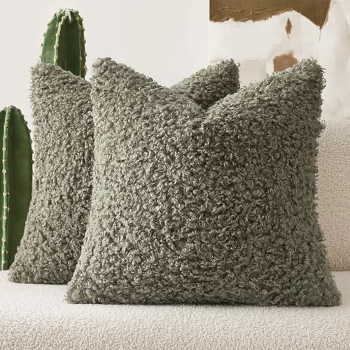 EMEMA Pack of 2 Teddy Faux Fur Throw Pillow Covers 20x20 Inch Soft Fuzzy Sherpa Sheepskin Decorative Cushion Cases Cozy Boucle Fleece for Couch Bed Boho Living Room Decor Olive Green - color: Olive Green, size: 20" x 20" (Pack of 2)