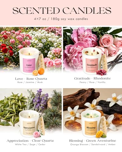 AOOVOO Healing Candles Set for Women - 4 Pack Soy Candles for Home Scented | Aromatherapy Candle with Crystals, Rhodonite Gratitude /Clear Quartz Appreciation /Aventurine Blessing /Rose Quartz Love - style: Healing Candles Set