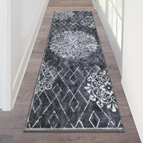 HEBE Hallway Runner Rug 2'x6', Washable Non Slip Kitchen Rug Runner | Soft Boho Bedroom Runner Rug, Vintage Distressed Low-Pile Floor Carpet Runners for Hallway, Entrance, Bathroom, Laundry - color: Black/Grey, size: 2' x 6' (Rectangular)