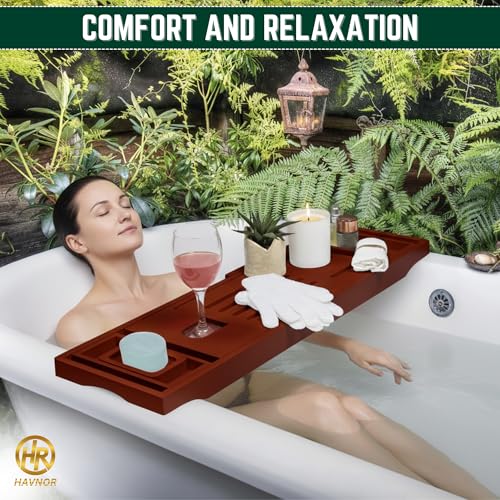 Bamboo Bathtub Caddy Tray Expandable & Foldable Bath Shelfwith Book, Tablet & Wine Holder Adjustable Wooden Bath Tray for Relaxing Spa atHome – Fits Most Tub Sizes. - color: Wood Brown