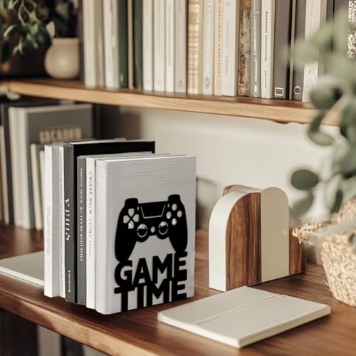 5.3"x4.3"x6.3" Metal Bookends, Heavy Duty Book Ends for Shelves | Game Theme Cast Iron Book Supports, 1 Pair Decor Stoppers for Desk, Library, Office & Home Shelves - style: Game