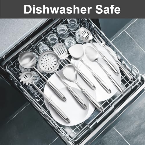304 Stainless Steel Cooking Utensils Set, 9 PCS Metal Stainless Steel Kitchen Utensils Set, Serving Spoon, Spaghetti Spoon, Skimmer, Meat Fork etc (Dishwasher Safe)