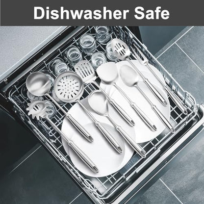 304 Stainless Steel Cooking Utensils Set, 9 PCS Metal Stainless Steel Kitchen Utensils Set, Serving Spoon, Spaghetti Spoon, Skimmer, Meat Fork etc (Dishwasher Safe)
