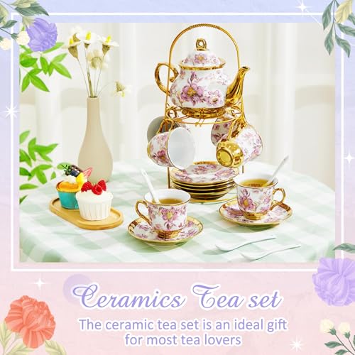 Zhehao 20 Pcs Porcelain Tea Set with Metal Holder and Spoon Adult Ceramic Tea Set European Flower Painting Teapot Cup Saucer Spoon for Women Mom Gift, Large Version (Purple Style) - color: Purple Style