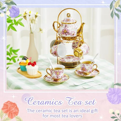 Zhehao 20 Pcs Porcelain Tea Set with Metal Holder and Spoon Adult Ceramic Tea Set European Flower Painting Teapot Cup Saucer Spoon for Women Mom Gift, Large Version (Purple Style) - color: Purple Style