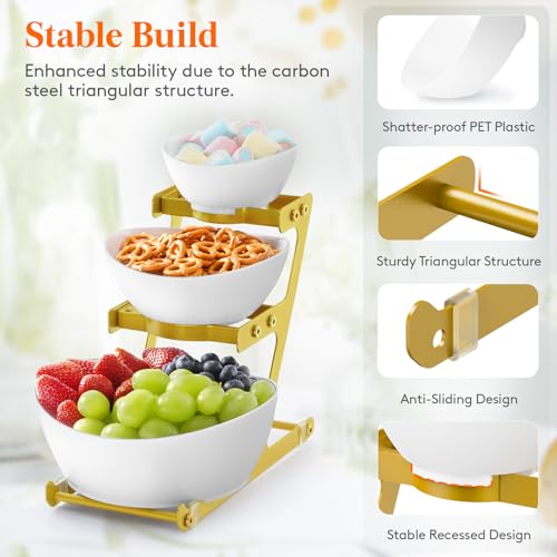 Lifewit 3 Tier Plastic Serving Bowls for Party, Chip and Dip Serving Set | Tiered Serving Tray with Gold Metal Stand for Fruit, Snack, Crack-Proof Platter for Buffet Display, Party Hosting Essentials - color: Gold