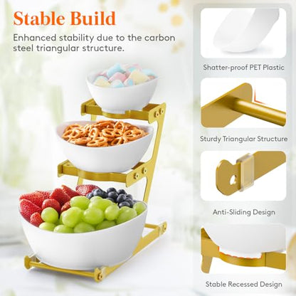 Lifewit 3 Tier Plastic Serving Bowls for Party, Chip and Dip Serving Set | Tiered Serving Tray with Gold Metal Stand for Fruit, Snack, Crack-Proof Platter for Buffet Display, Party Hosting Essentials - color: Gold