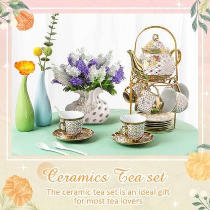 Zhehao 20 Pcs Porcelain Tea Set with Metal Holder and Spoon Adult Ceramic Tea Set European Flower Painting Teapot Cup Saucer Spoon for Women Mom Gift, Large Version (Delicate Style) - color: Delicate Style