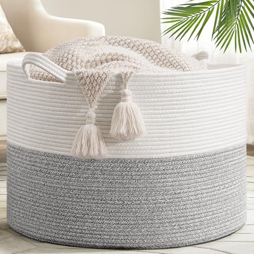 Goodpick Extra Large Woven Blanket Basket Living Room, Toy Bin,115L | 23.5 x 23.5 x 15.8 In Toy Storage Basket for Nursery, Blanket Basket for Living room, Laundry Basket, Light & Grey - color: Light Grey, size: 23.5x23.5x15.8 Inch (Pack of 1)