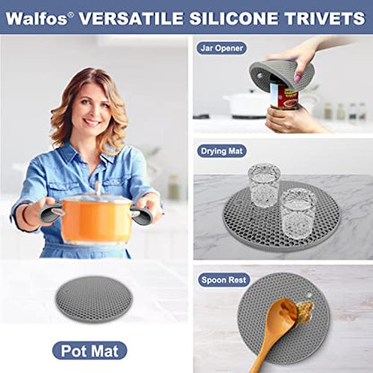 Walfos Silicone Trivet Mats - 4 Heat Resistant Pot Holders, Multipurpose Non-Slip Hot Pads for Kitchen Potholders, Hot Dishers, Jar Opener, Spoon Holder, Food Grade Silicone & BPA Free (Round) - style: 7in, 4 Grey Round
