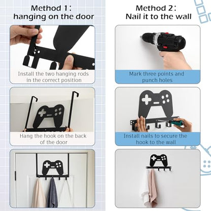 Reallnaive Game Over The Door Hooks Gamer Bathroom Decor Gamepad Hanger Wall Mount Rack Holder for Towel, Hat, Coat, Cloth, Keychain, Bag, Teen Boy Room Gift Decor - style: Game