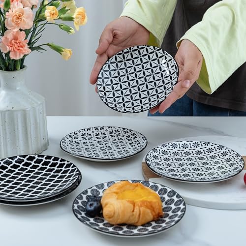 LEHAHA Ceramic 6'' Appetizer Plates Set of 6, Small Dessert/Salad Plates, Black Round Serving Plates, Porcelain Dinnerware Dishes for Cake, Waffle, Pasta,snacks, cookie, Microwave & Dishwasher Safe - color: Black/White