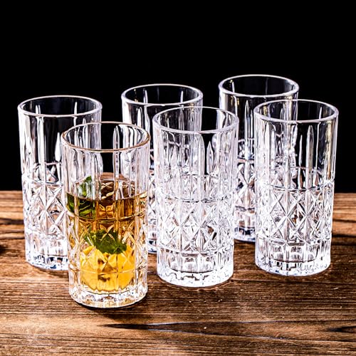 Tall Highball Glasses Set of 6, 14 Ounce Cups, Textured Designer Glassware for Drinking Water, Beer, or Soda, Trendy and Elegant Dishware, Dishwasher Safe - style: Style C