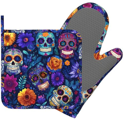 Day of The Dead Oven Mitt and Pot Holder with Silicone Heat Resistant Kitchen for Cooking BBQ Baking Grilling Cooking Protection - color: Day of the Dead