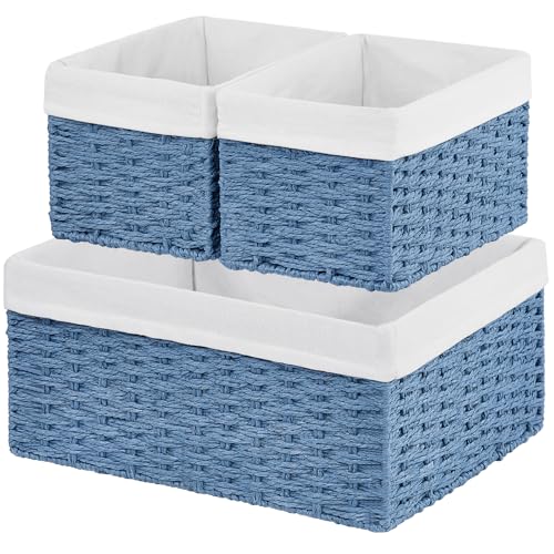 Wicker Basket, Set of 3 Hand-woven Storage Baskets for Organizing, Rectangle Wicker Storage Basket Bins with Handles, Small Toilet Paper Storage Baskets for Shelves & Decor, Blue - color: Blue
