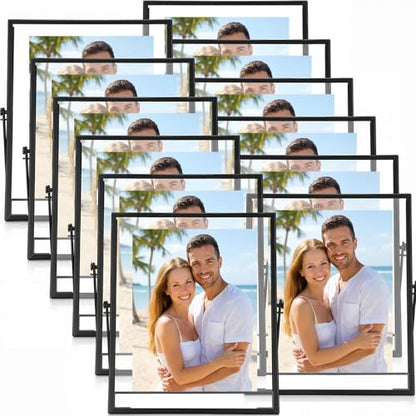 12 Pack Black Floating Photo Frame, 6 x 8 Inches Double Glass Desktop Picture Frames with Metal Stand for Pictures Photos Pressed Flowers Desk Tabletop Display - color: Black, size: 6 x 8 inches