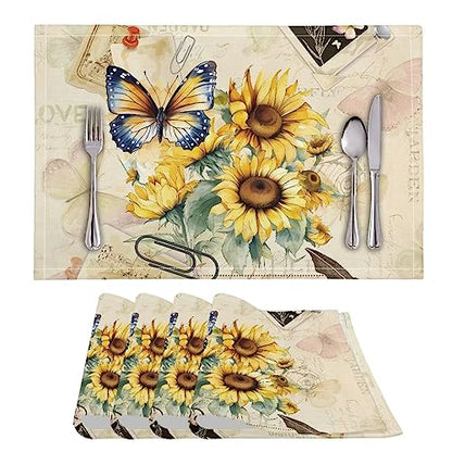 Durable Placemats Set of 4, Dining Table Woven Vinyl PVC Placemat Wipeable Easy to Clean Oil-Proof Non-Slip Tablemats for Kitchen, Butterfly Sunflower Retro - color: Butterfly Sunflower Retro, size: Set of 4
