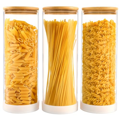 73oz Glass Spaghetti Pasta Containers for Pantry Organization, 3-Pack Large Airtight Food Jars with Bamboo Lids and Protective Silicone Base, Clear Storage Canisters for Flour, Cereal, Rice - color: Round/73oz/3pcs
