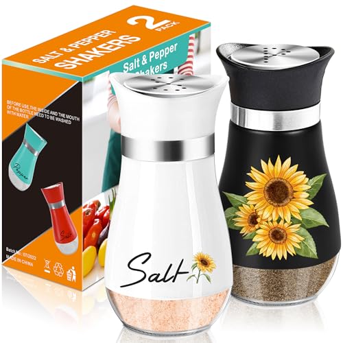 Sunflower Salt and Pepper Shakers - 4 oz Black and White Farmhouse Set | Sunflower Design Adds Farmhouse Charm to Kitchen Tables and Holiday Decor for Housewarming, Thanksgiving and Christmas. - color: Black + White Sunflower
