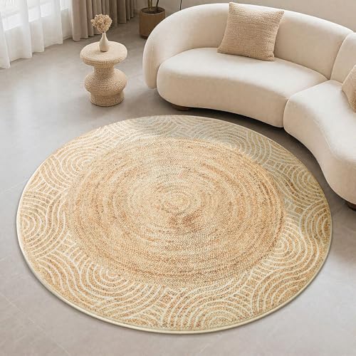 Carvapet 4ft Round Accent Area Rug Faux Jute Circle Carpet Yellow | Smooth touch printed low pile washable skid-resistant floor mat for armchair, entryway, office desk or nursery corner - color: Sunshine, size: 4' (Round)