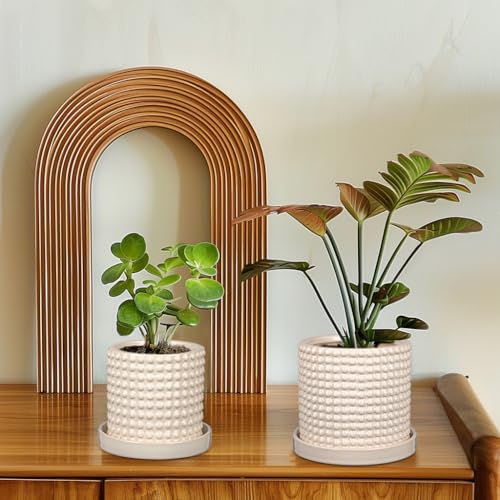 Set of 2 Ceramic Planter Pots with Drainage Hole and Saucer, Round Flower Pot Hobnail Modern Planter Pots for Indoor & Outdoor Plants - 4 Inch & 6 Inch, White - color: Off-white # 4+6 Inch