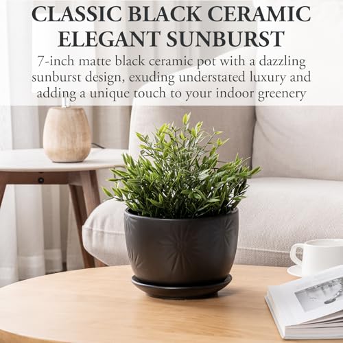 MyGift 7 Inch Black Ceramic Sunburst Planter Pot with Attached Saucer | Modern sunburst embossing adds texture and style to indoor greenery, while the drainage hole and attached saucer help protect - color: Matte Black
