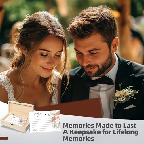 Boho Wedding Advice and Wishes Cards with Wood Box - 60 Pack 250GSM Pampas Grass Mr and Mrs Message Cards - Terracotta Bridal Shower Decorations, Engagement Party Guest Book Alternative - color: BOHEMIA