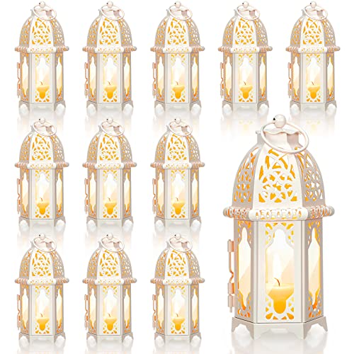 Potchen 12 Pcs Moroccan Lanterns White Candle Lantern Holders, 2.7" x 6.3" | Decorative Ramadan Lanterns Bulk, Vintage Metal Hanging Tea Light Holder for Wedding, Table Centerpiece, Home, Eid, Christmas