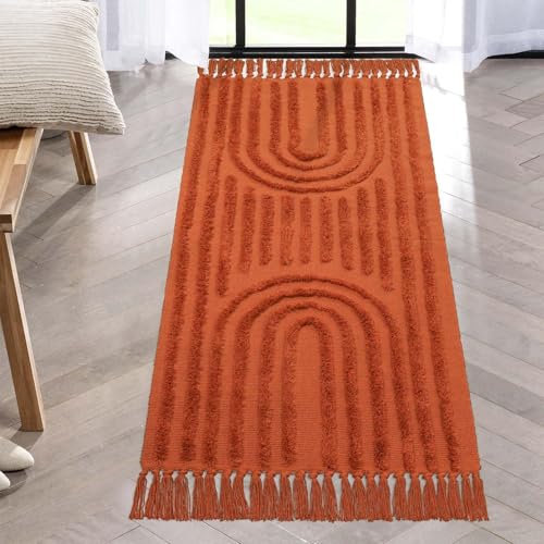 Washable Boho Kitchen Rug 2x4.3 Hand-Woven Entryway Rug Indoor | Terracotta Rainbow Bedroom Rug with Tassels, Farmhouse Tufted Bathroom Rugs, Bohemian Rugs for Bedside/Laundry/Nursery - color: Terracotta, size: 2' x 4' (Rectangular)