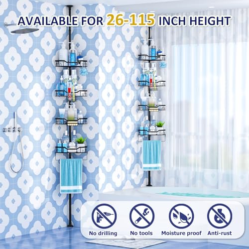 Shower Caddy Corner, 4 Tier Adjustable 48 to 115 Inch Adjustable Rustproof Corner Shower Caddy Tension Pole, Floor Standing Bath Rack with Rod (4 Tier - Triangular)
