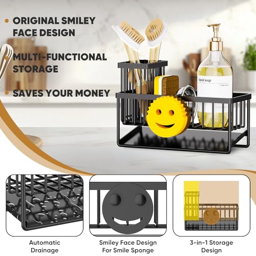 Sponge Holder for Kitchen Sink,Smiley Face Sink Caddy with Removable Brush Holder,Self-Draining Sponge Caddy for Sponge,Soap,Dish Brush,Scrubber,Kitchen Essentials and Gadgets - color: 1 Tier Black