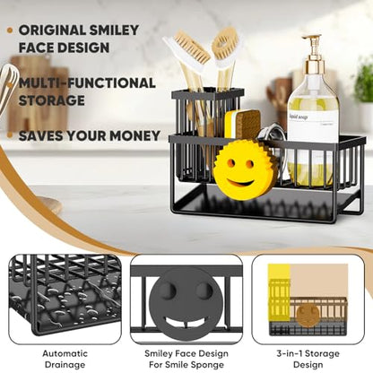 Sponge Holder for Kitchen Sink,Smiley Face Sink Caddy with Removable Brush Holder,Self-Draining Sponge Caddy for Sponge,Soap,Dish Brush,Scrubber,Kitchen Essentials and Gadgets - color: 1 Tier Black